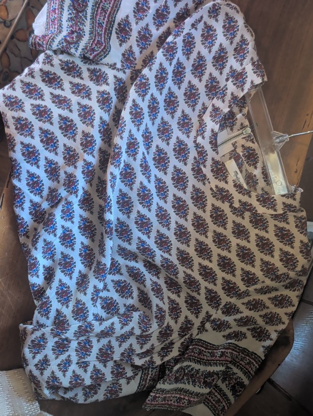 Madewell White Boho Printed Peasant Top with Blue and Burgundy Motif